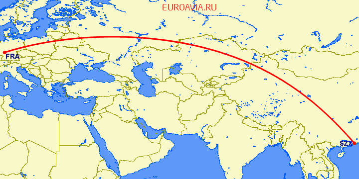 перелет Франкфурт на Майне — Шэньчжэнь на карте