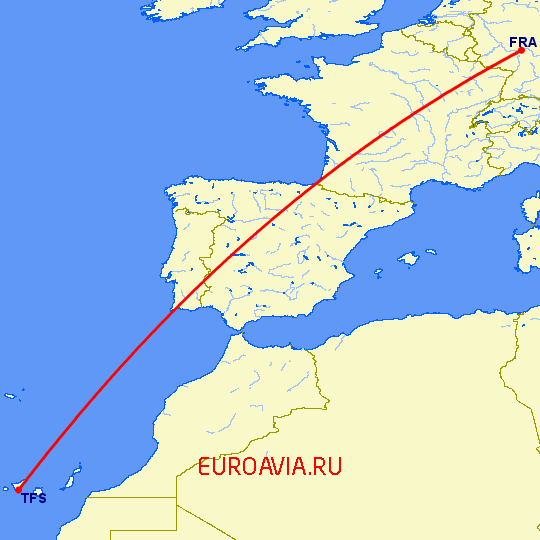 перелет Франкфурт на Майне — Тенерифе на карте