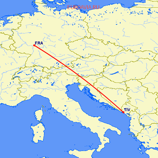 перелет Франкфурт на Майне — Тиват на карте
