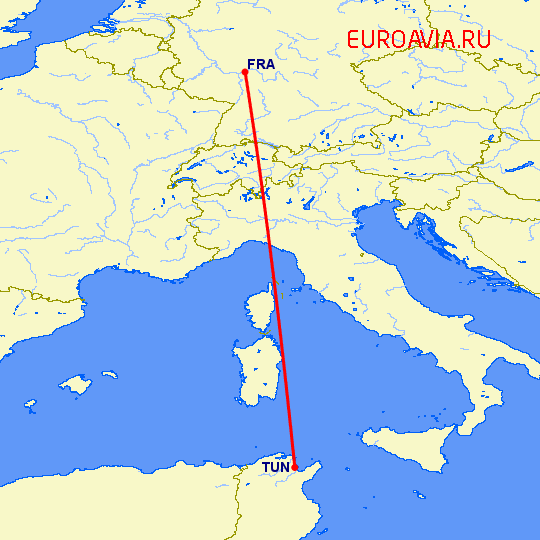 перелет Франкфурт на Майне — Тунис на карте