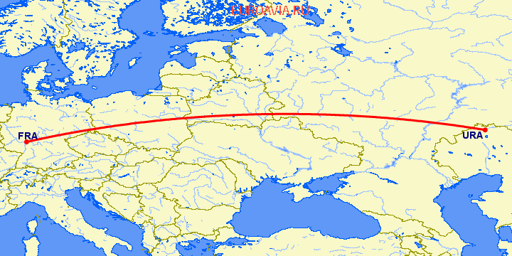 перелет Франкфурт на Майне — Уральск на карте