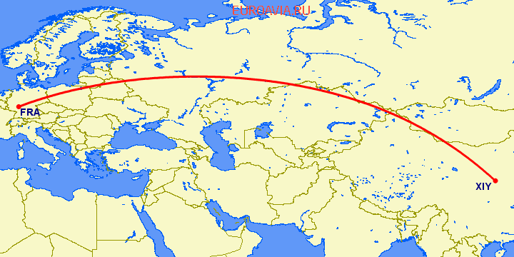 перелет Франкфурт на Майне — Синьян на карте
