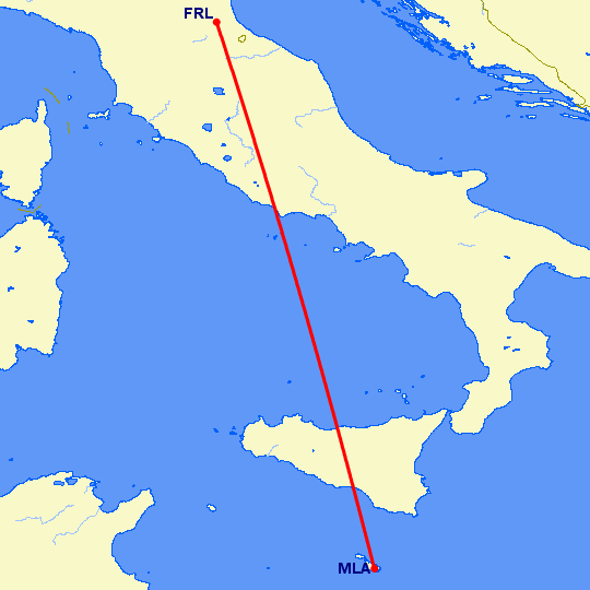 перелет Форли — Мальта на карте