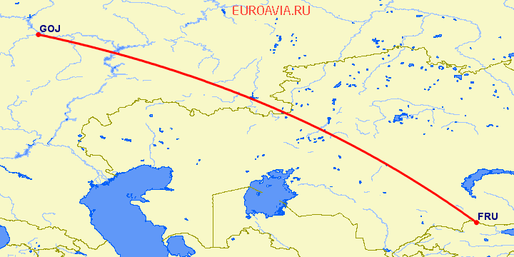 перелет Бишкек — Нижний Новгород на карте