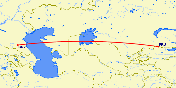 перелет Бишкек — Грозный на карте