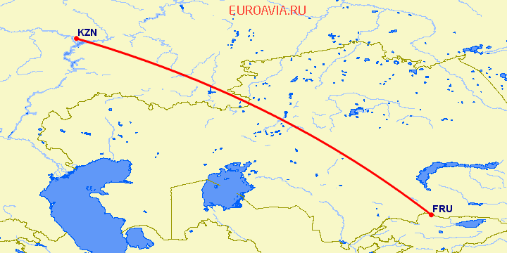 перелет Бишкек — Казань на карте