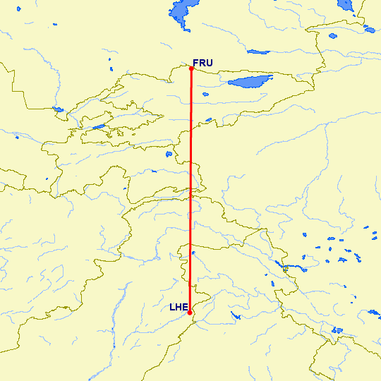 перелет Бишкек — Лахор на карте