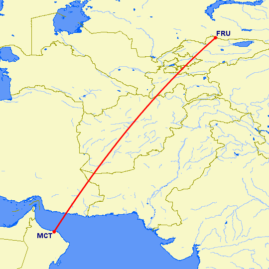 перелет Бишкек — Маскат на карте