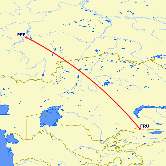 перелет Бишкек — Пермь на карте