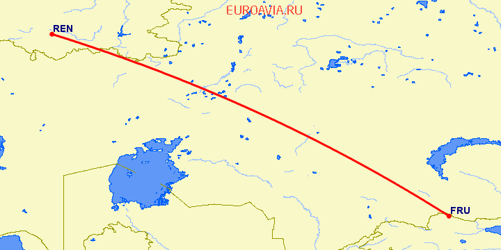 перелет Бишкек — Оренбург на карте