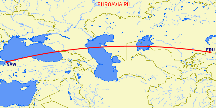 перелет Бишкек — Стамбул на карте