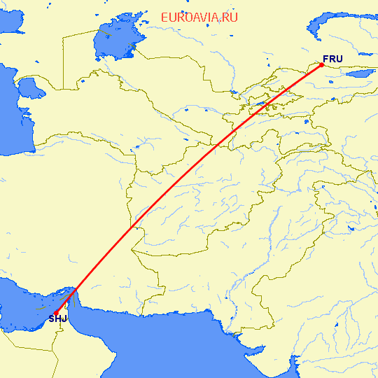перелет Бишкек — Шарджа на карте