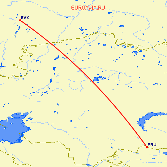 перелет Бишкек — Екатеринбург на карте