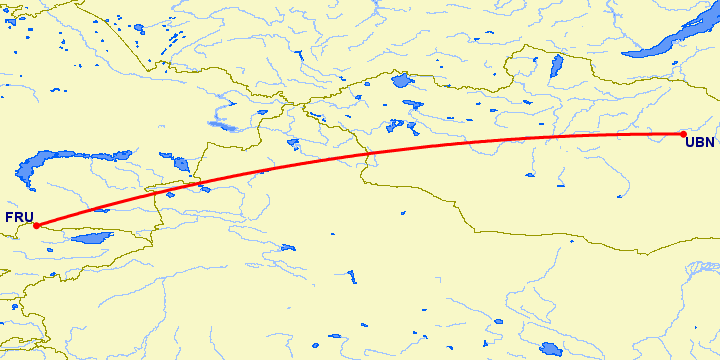 перелет Бишкек — Улан Батор на карте