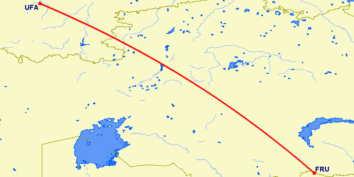 перелет Бишкек — Уфа на карте