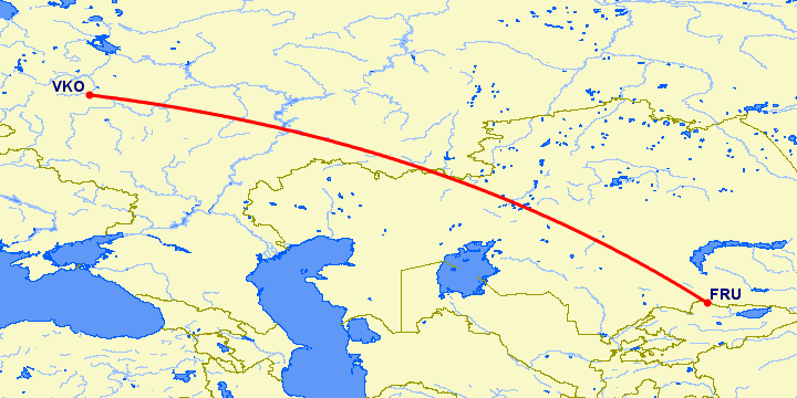 перелет Бишкек — Москва на карте