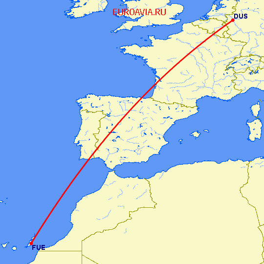 перелет Пуэрто дель Росарио — Дюссельдорф на карте