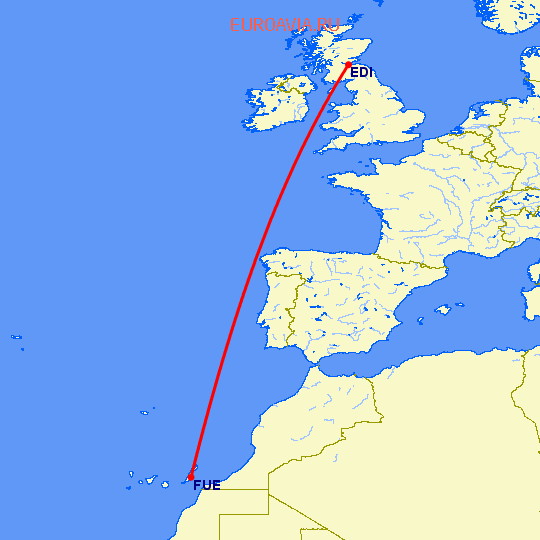 перелет Пуэрто дель Росарио — Эдинбург на карте