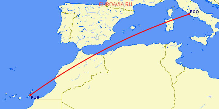 перелет Пуэрто дель Росарио — Рим на карте