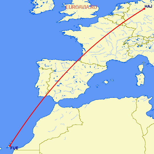 перелет Пуэрто дель Росарио — Ганновер на карте