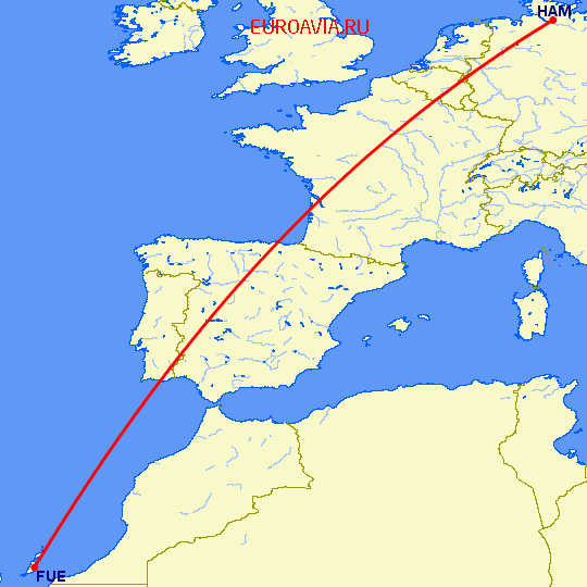 перелет Пуэрто дель Росарио — Гамбург на карте