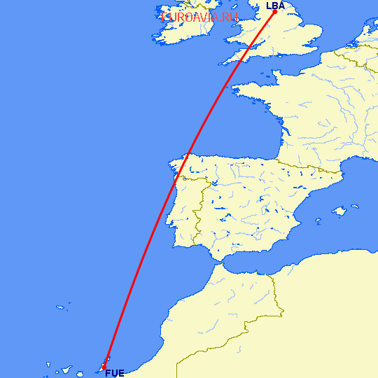 перелет Пуэрто дель Росарио — Лидс на карте