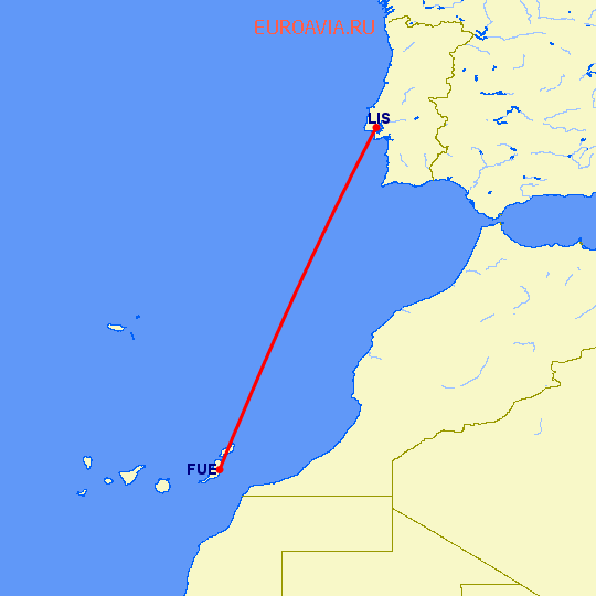 перелет Пуэрто дель Росарио — Лиссабон на карте