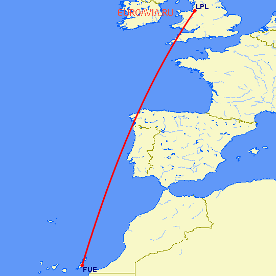 перелет Пуэрто дель Росарио — Ливерпуль на карте