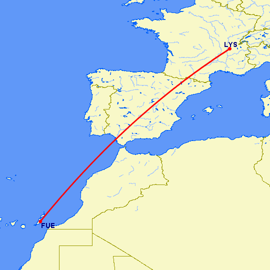 перелет Пуэрто дель Росарио — Лион на карте