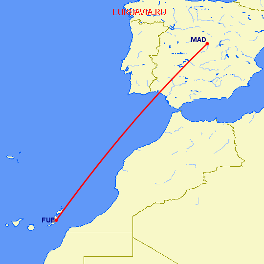перелет Пуэрто дель Росарио — Мадрид на карте