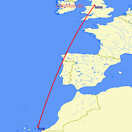 перелет Пуэрто дель Росарио — Манчестер на карте