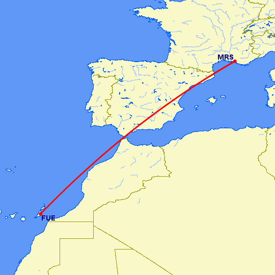 перелет Пуэрто дель Росарио — Марсель на карте