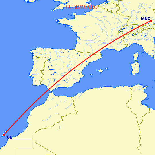 перелет Пуэрто дель Росарио — Мюнхен на карте