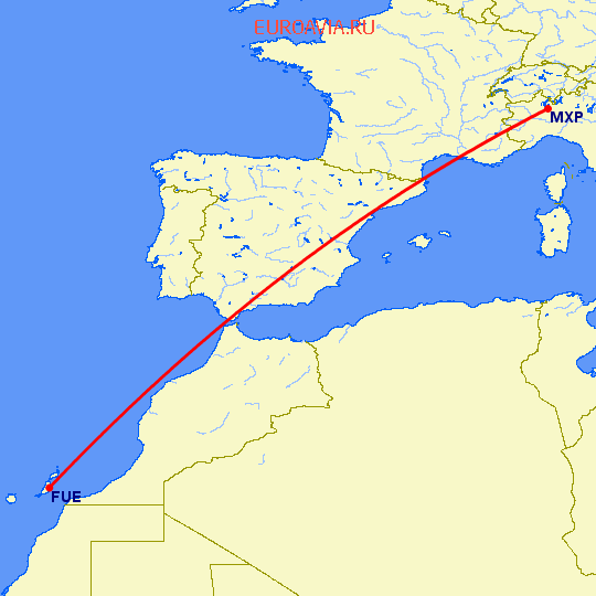 перелет Пуэрто дель Росарио — Милан на карте