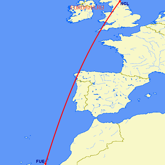 перелет Пуэрто дель Росарио — Ньюкасл на карте