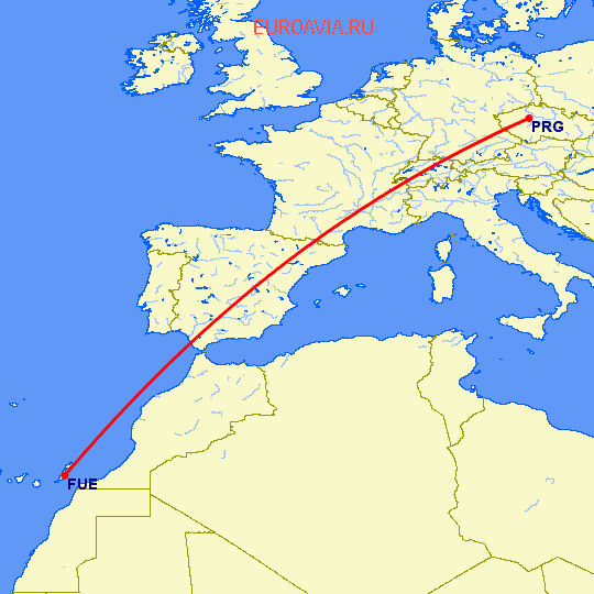 перелет Пуэрто дель Росарио — Прага на карте