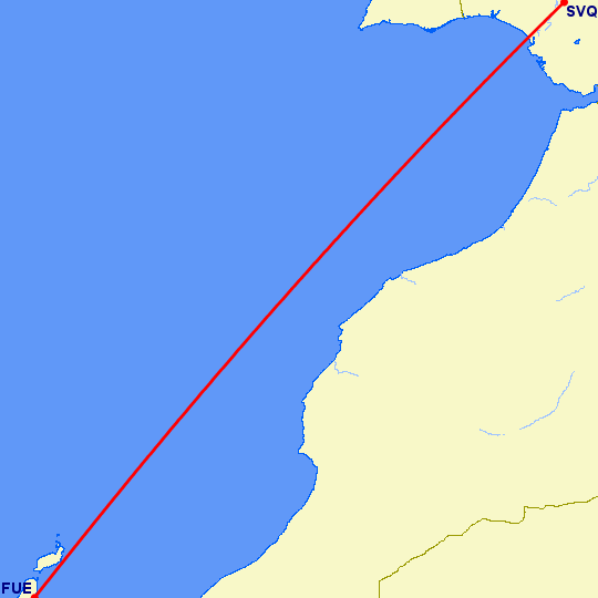 перелет Пуэрто дель Росарио — Севилья на карте