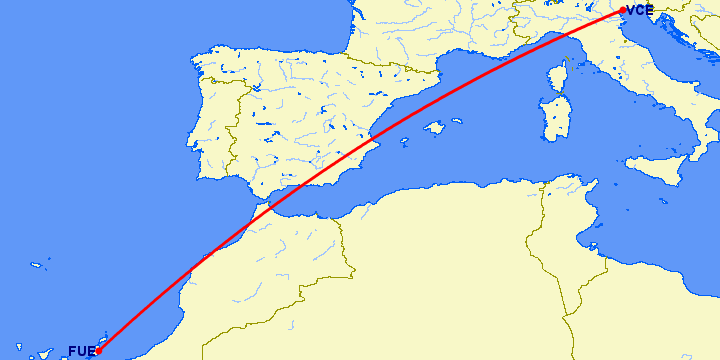 перелет Пуэрто дель Росарио — Венеция на карте