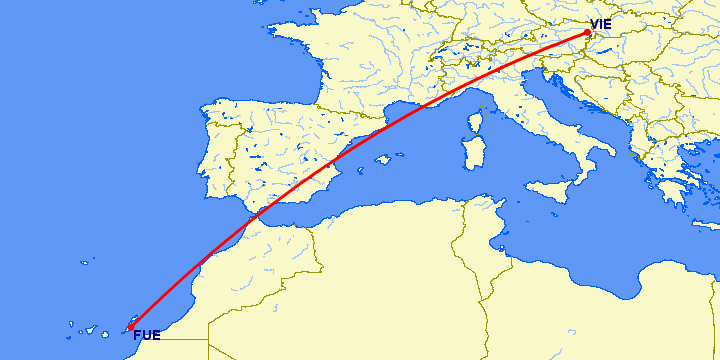 перелет Пуэрто дель Росарио — Вена на карте