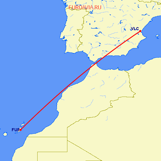 перелет Пуэрто дель Росарио — Валенсия на карте