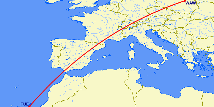 перелет Пуэрто дель Росарио — Варшава на карте