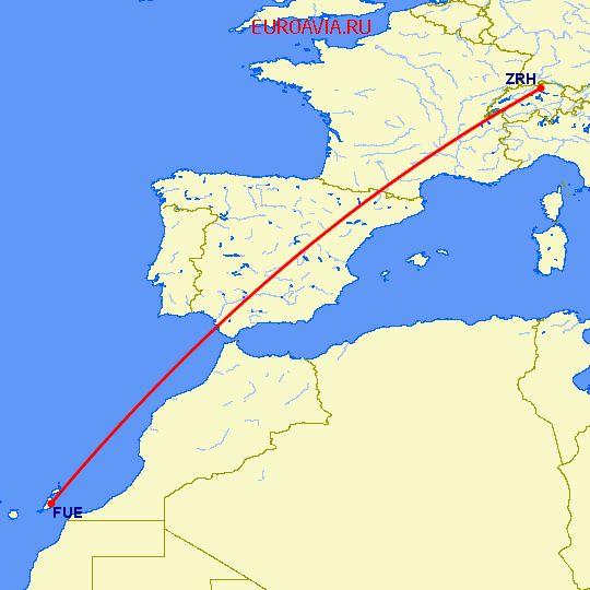 перелет Пуэрто дель Росарио — Цюрих на карте