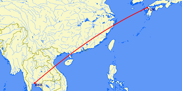 перелет Фукуока — Бангкок на карте