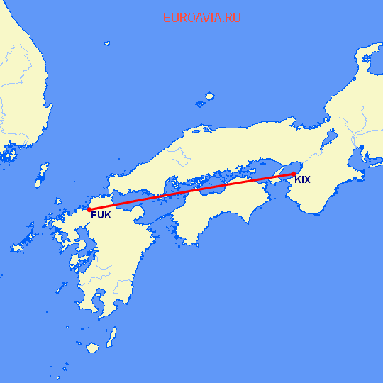перелет Фукуока — Осака на карте