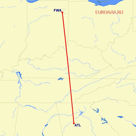 перелет Форт Уэйн — Атланта на карте
