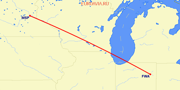 перелет Форт Уэйн — Миннеаполис на карте