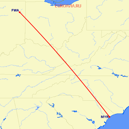 перелет Форт Уэйн — Миртл Бич на карте