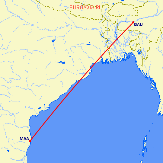 перелет Gawahati — Мадрас Ченнай на карте