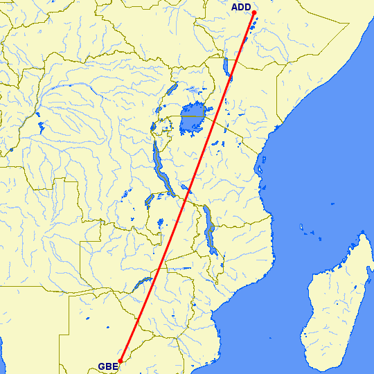 перелет Габороне — Аддис Абеба на карте