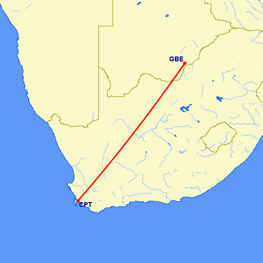 перелет Габороне — Кейптаун на карте